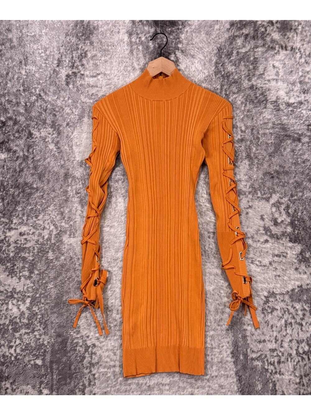 Herve Leger Dress XS Womens Orange Rib Lace Up Bodycon Long Sleeve Mini Mock